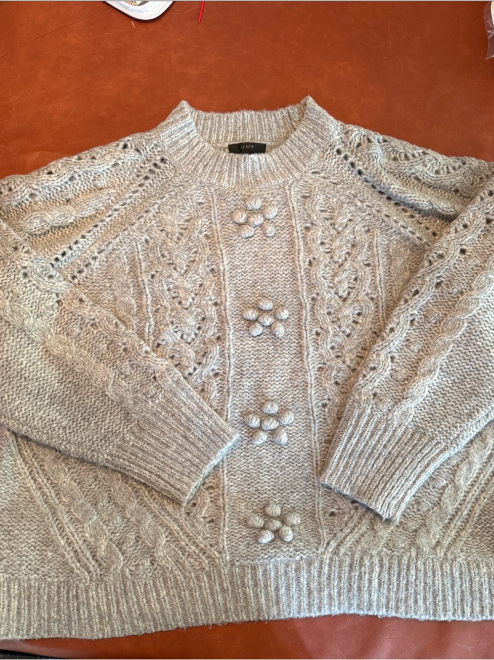 Cozy Chunky Knit Flower Cable Sweater - Beige wool alpaca acryllic